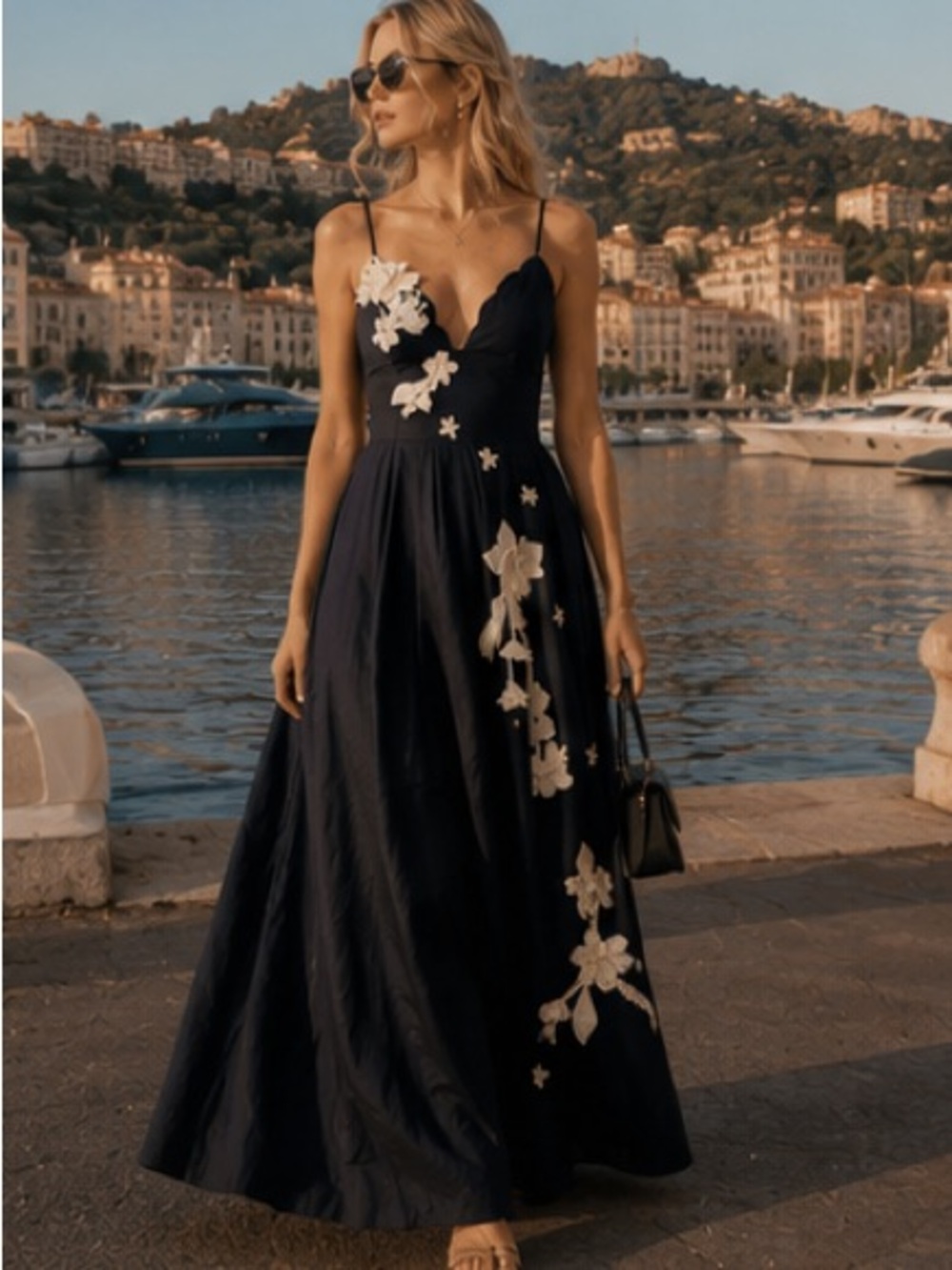 Agua by Agua Bendita Navy Maxi Dress with Ivory Floral Appliqués - Picture 6 of 16